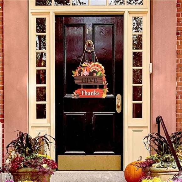 2 Pieces Give Thanks Wood Sign and Happy Thanksgiving Door Sign - Pumpkin Front - Picture 6 of 8